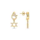 Boucles d'oreilles pendantes Maguen David dorées sur fond blanc