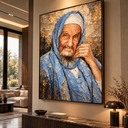 Tableau peint à la main du Baba Salé, voile bleu azur sur fond ivoire et feuille d'or en relief – Eliorness
