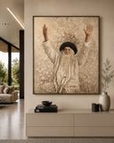 Tableau peint à la main de Rabbi Israël Odesser, le Saba, bras levés, tons beige et sable en relief – Eliorness