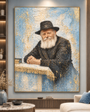 Tableau peint à la main du Rabbi de Loubavitch à sa table d'étude, fond bleu ciel et éclats dorés en relief – Eliorness