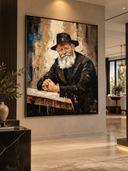 Tableau peint à la main du Rabbi de Loubavitch à sa table d'étude, clair-obscur brun, ivoire et or en relief – Eliorness