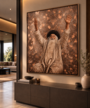 Tableau peint à la main de Rabbi Israël Odesser, le Saba, bras levés, fond brun et éclats cuivrés en relief – Eliorness