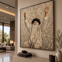 Tableau peint à la main de Rabbi Israël Odesser, le Saba, bras levés, fond gris perle et feuille d'or en relief – Eliorness
