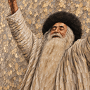 Gros plan sur le visage et la peinture en relief du tableau Rabbi Israël Odesser gris et or, peint à la main – Eliorness