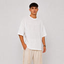 T-shirt Tsitsit blanc effet lin pour homme Eliorness, coupe oversize en tissu léger et respirant avec zip latéral.
