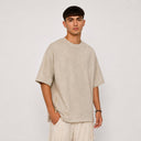 T-shirt Tsitsit beige effet lin pour homme Eliorness, coupe oversize fluide en tissu d'été respirant avec zip latéral.