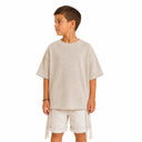 T-shirt Tsitsit enfant beige effet lin, coupe oversize ample Eliorness avec fentes latérales zippées.