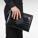 Glossy black crocodile leather travel pouch